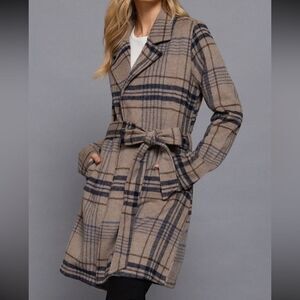 LONG SLEEVE NOTCHED COLLAR WITH WAIST BELT PLAID WOVEN JACKET